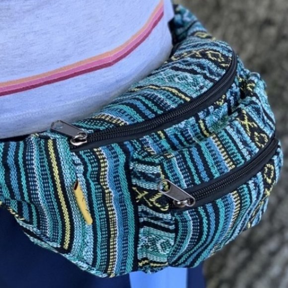 Handwoven Cotton Hemp Fanny Pack Turquoise Blue - Picture 2 of 3